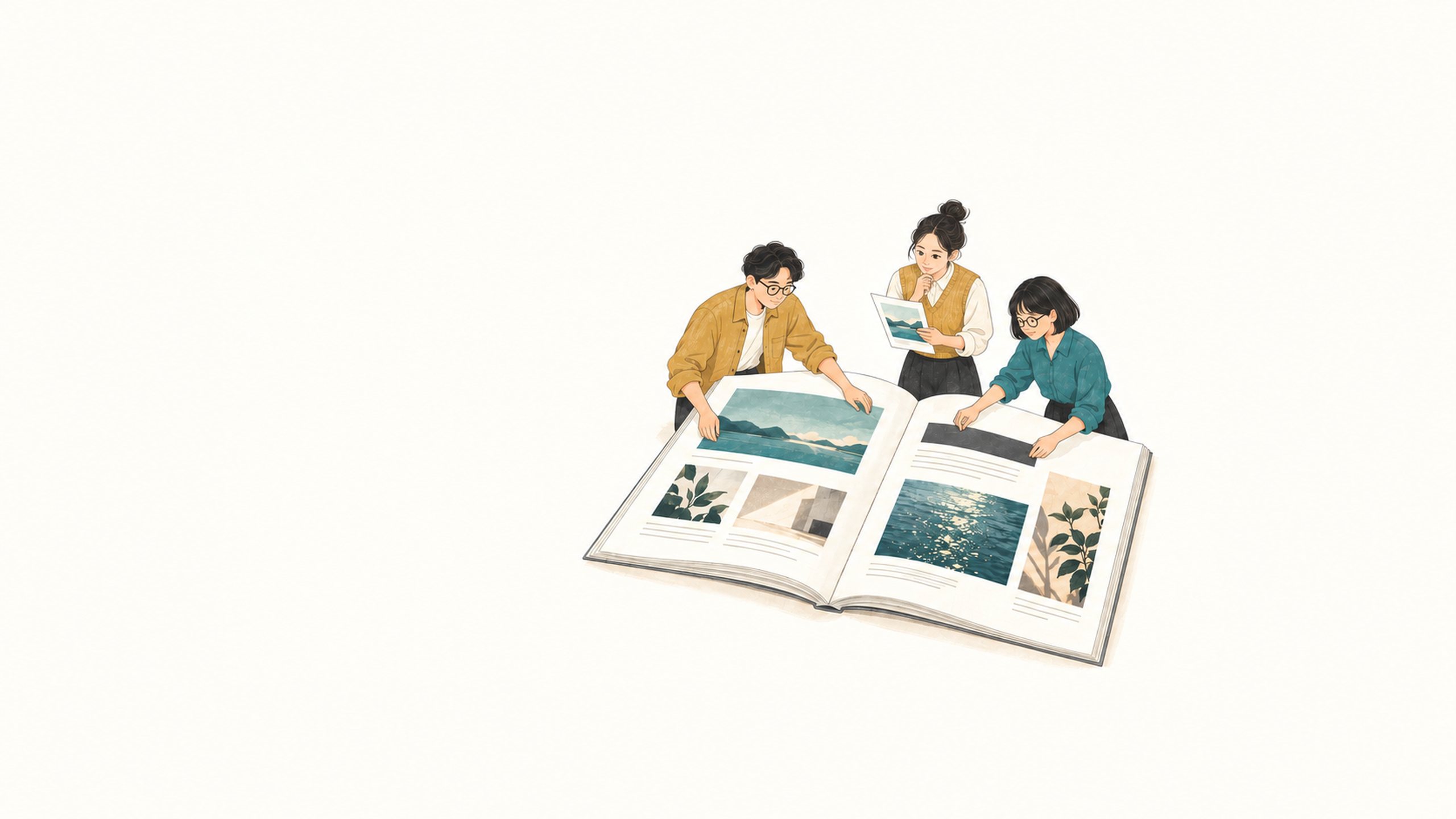 펼쳐진 카탈로그를 함께 살펴보는 사람들